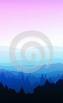 Natural forest trees mountains horizon silhouettes of trees Sunrise and sunset Landscape wallpaper Illustration vector style