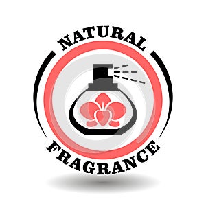 Natural fragrance vector stamp with orchid flower in perfume bottle. Round icon for natural organic cosmetics packaging