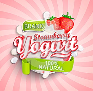 Natural and fresh strawberry Yogurt label splash. photo
