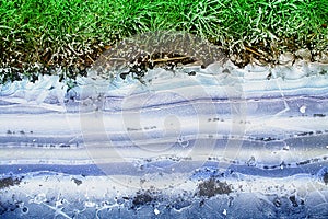 Natural frozen ice background with grass