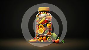 Natural fruits and vegetables in a glass jar, the concept of vitamins and biologically active additives