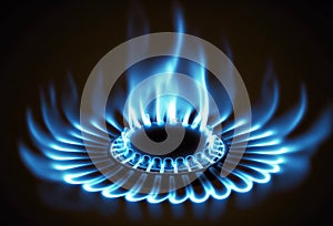 Natural gas blue flame of gas stove over dark background. Close up. 3D rendering style.