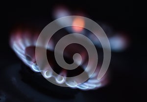 Natural gas burning a blue flames on black background