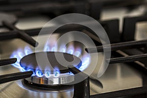 Natural gas burning on kitchen gas stove in the dark. Panel from steel with a gas ring burner on a black background, close-up shoo