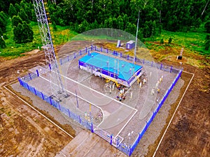 Natural gas distribution station of main gas pipeline. View from above. Type of gasification object on summer day.