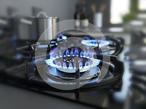 Natural gas flame. Gas flame on dark background. Blue flames from gas burner
