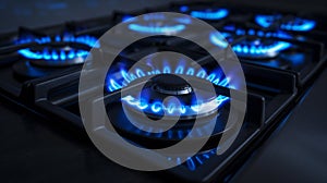 Natural gas flame. Gas flame on dark background. Blue flames from gas stove