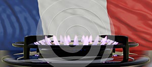 Natural Gas in France concept. Burning gas, Cook stove burner, French flag background. 3d render
