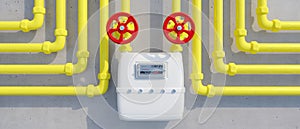 Natural gas home utility distribution. Consumption meter and yellow pipeline on wall, 3d render