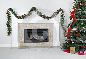 Natural gas insert fireplace during Christmas season