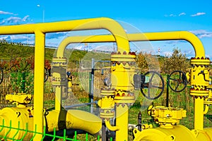 natural gas installation, yellow pipes and valves