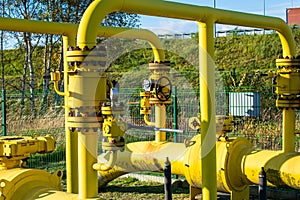 natural gas installation, yellow pipes and valves