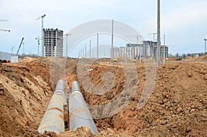 Natural gas pipeline construction work. A dug trench in the ground for the installation and installation of industrial gas and oil