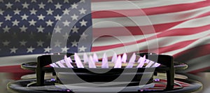 Natural Gas in US America. Burning gas, Cook stove burner, United States flag background. 3d render