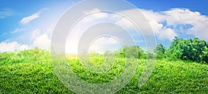 natural grass field background with blurred bokeh and sun rays