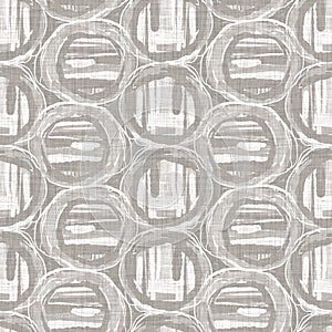 Natural gray french woven linen texture background. Dotty circle eco flax shape motif seamless pattern. Organic yarn