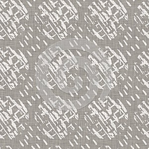 Natural gray french woven linen texture background. Dotty circle eco flax shape motif seamless pattern. Organic yarn