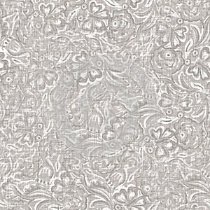 Natural gray french woven linen texture background. Old ecru flax bloom motif seamless pattern. Organic french farmhouse