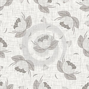 Natural gray french woven linen texture background. Old ecru flax bloom motif seamless pattern. Organic french farmhouse