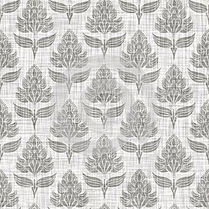 Natural gray french woven linen texture background. Old ecru flax paisley motif seamless pattern. Organic yarn close up