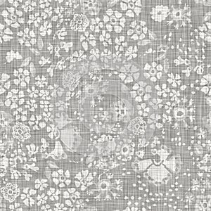 Natural gray french woven linen texture background. Old ecru flax shape motif seamless pattern. Organic yarn close up