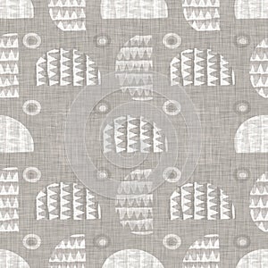 Natural gray french woven linen texture background. Old ecru flax star motif seamless pattern. Rough greige starry block