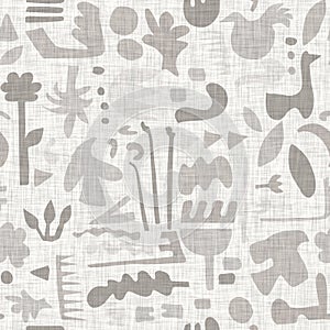 Natural gray french woven linen texture background. Old ecru flax star motif seamless pattern. Rough greige starry block