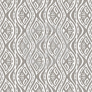 Natural gray french woven linen texture background. Old ecru flax star motif seamless pattern. Rough greige starry block