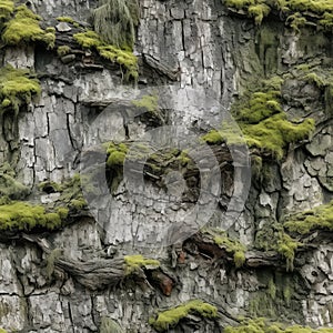 Natural Gray Old Tree Bark with Green Moss and Lichens, Moss on Bark Texture Background