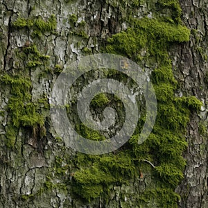Natural Gray Old Tree Bark with Green Moss and Lichens, Moss on Bark Texture Background