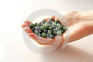 Natural green jade nephrite mineral stones beads. The green jade stone lies in the hands. Hands holding stone on white background