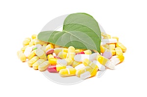 Natural green leaf on pills