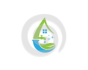 Natural Green Leaf Water Drop Plumb And House Cleaning Service Logo