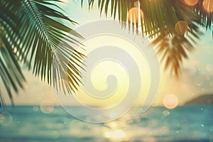 Natural green palm leaves on tropical beach background, light waves, sun, bokeh, Copy space for texts