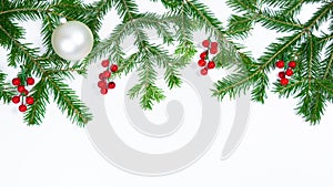 Natural green spruce branches decorated with red berries and Christmas holiday balls. White background.