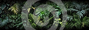 Natural green wallpaper and background, Monstera, fern and palm leaves tropical foliage plant bush nature backdrop, AI generated