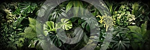 Natural green wallpaper and background, Monstera, fern and palm leaves tropical foliage plant bush nature backdrop, AI generated