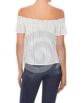 Natural Ground Silk Cotton Voile Schiffli Off Shoulder Top with blue jean, white background photo