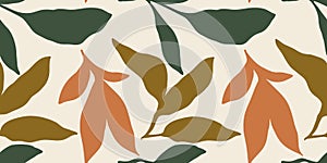 Natural hand drawn design with leaves branch. Abstract botanical seamless pattern. Simple contemporary illustration