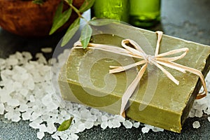 Natural handmade olive soap, selective focus