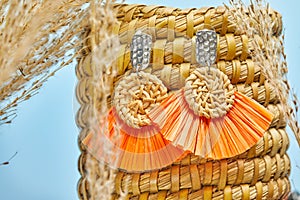 Natural handmade product, a pair of earrings on the background of Golden reed grass. Eco-friendly and sustainable concept. Eco-
