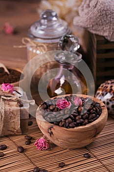 Natural handmade soap, aromatic cosmetic oil, sea salt with coffee beans