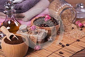 Natural handmade soap, aromatic cosmetic oil, sea salt with coffee beans