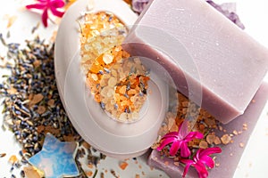 Natural handmade soap, aromatic sea salt, dried lavender flowers and moonstone. Items for spa care and healing treatments