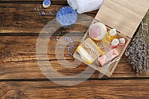 Natural handmade soap bars in box on background, above view. Space for text