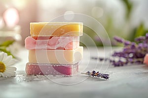 Natural handmade soap bars with lavender flowers on a light background