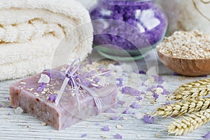 Natural handmade soap, sea salt, towel, oat flakes and wheat ear