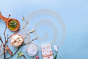 Natural handmade soap, spa organic, aromatic salt. Flat lay on a blue background