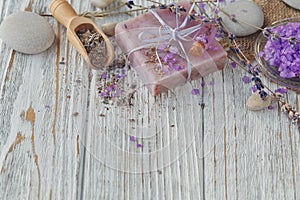 Natural handmade soaps with sea salt, sea star and dried lavender flowers