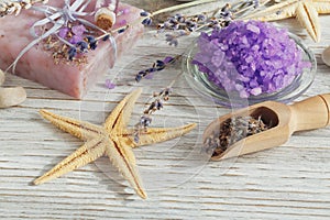 Natural handmade soaps with sea salt, sea star and dried lavender flowers